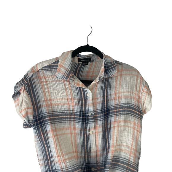 Sanctuary Women's Size Small Blue Pink Plaid Button Up Gauze Short Sleeve Tie - Picture 2 of 9